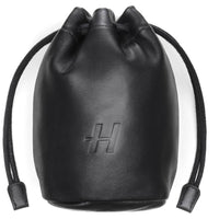 Black drawstring pouch with a logo on a white background