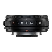 Camera lens with focus and aperture settings on a white background