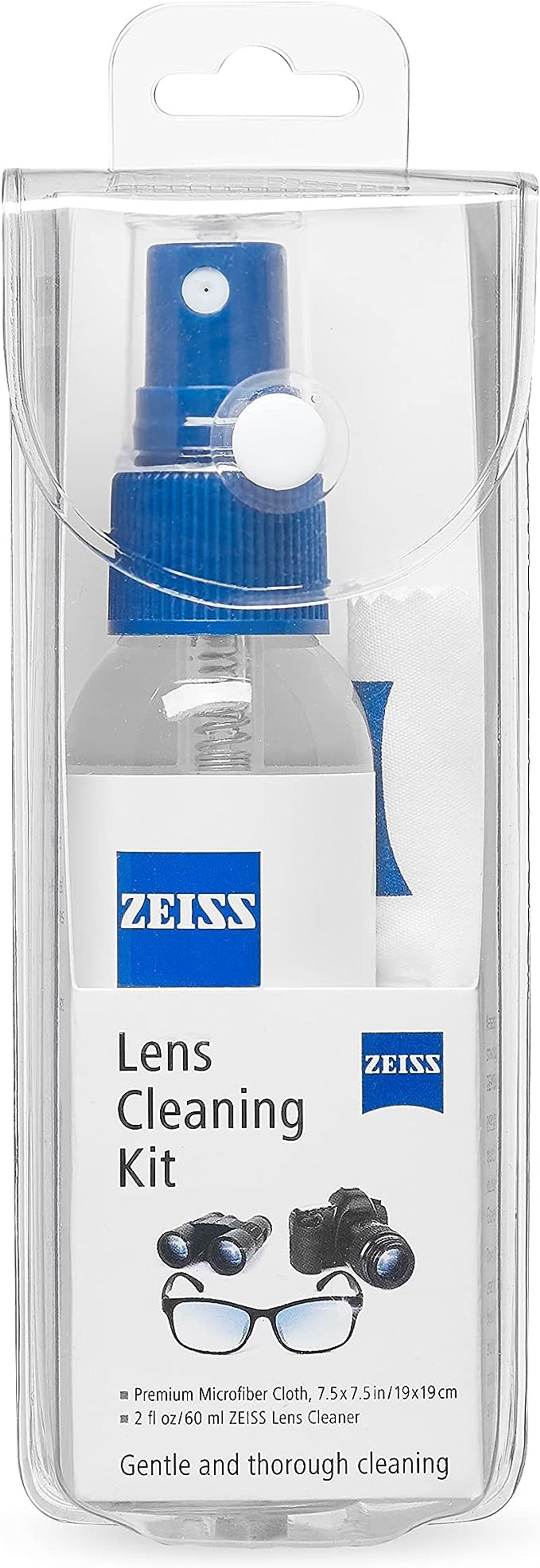ZEISS lens cleaning kit in packaging with blue and white design.