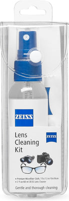 ZEISS lens cleaning kit in packaging with blue and white design.