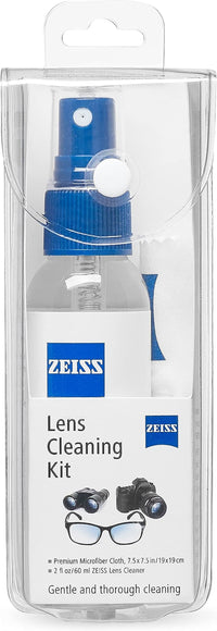 ZEISS lens cleaning kit in packaging with blue and white design.