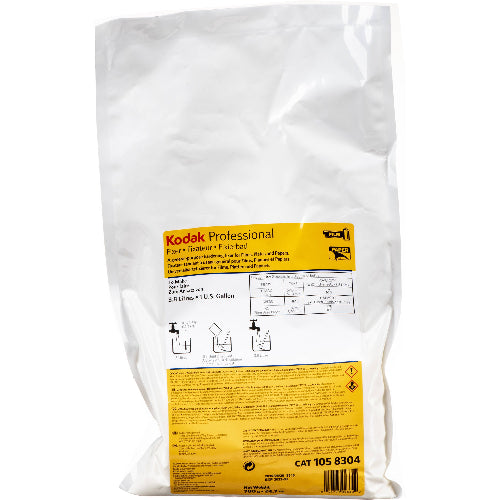 White plastic pouch of Kodak Professional powder fixer for making one gallon of black-and-white darkroom chemistry.