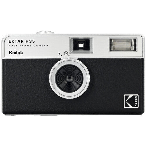 A green and silver Kodak Ektar H35 half frame film camera with a built-in flash.