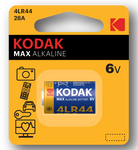 Kodak Max 6V 4LR44 alkaline battery in yellow and black retail blister packaging with camera and device icons.