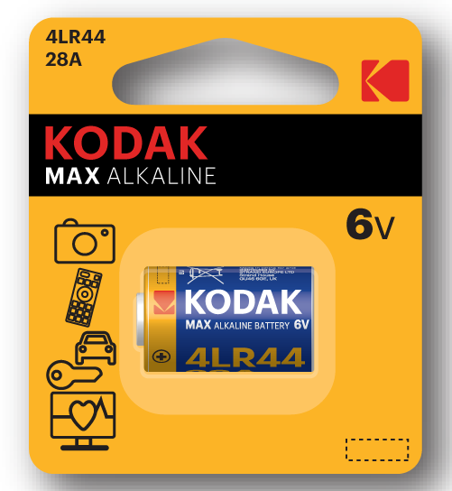 Kodak Max 6V 4LR44 alkaline battery in yellow and black retail blister packaging with camera and device icons.