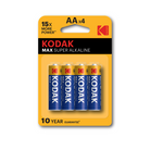 Four Kodak Max Super Alkaline AA batteries in yellow and blue packaging with 15x more power branding.