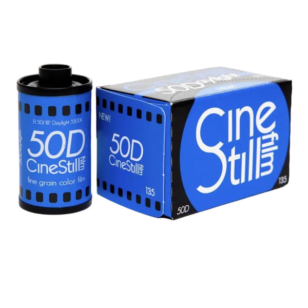 A product image featuring a box and roll of CineStill 50Daylight color negative film, with the brand's logo and film details visible.