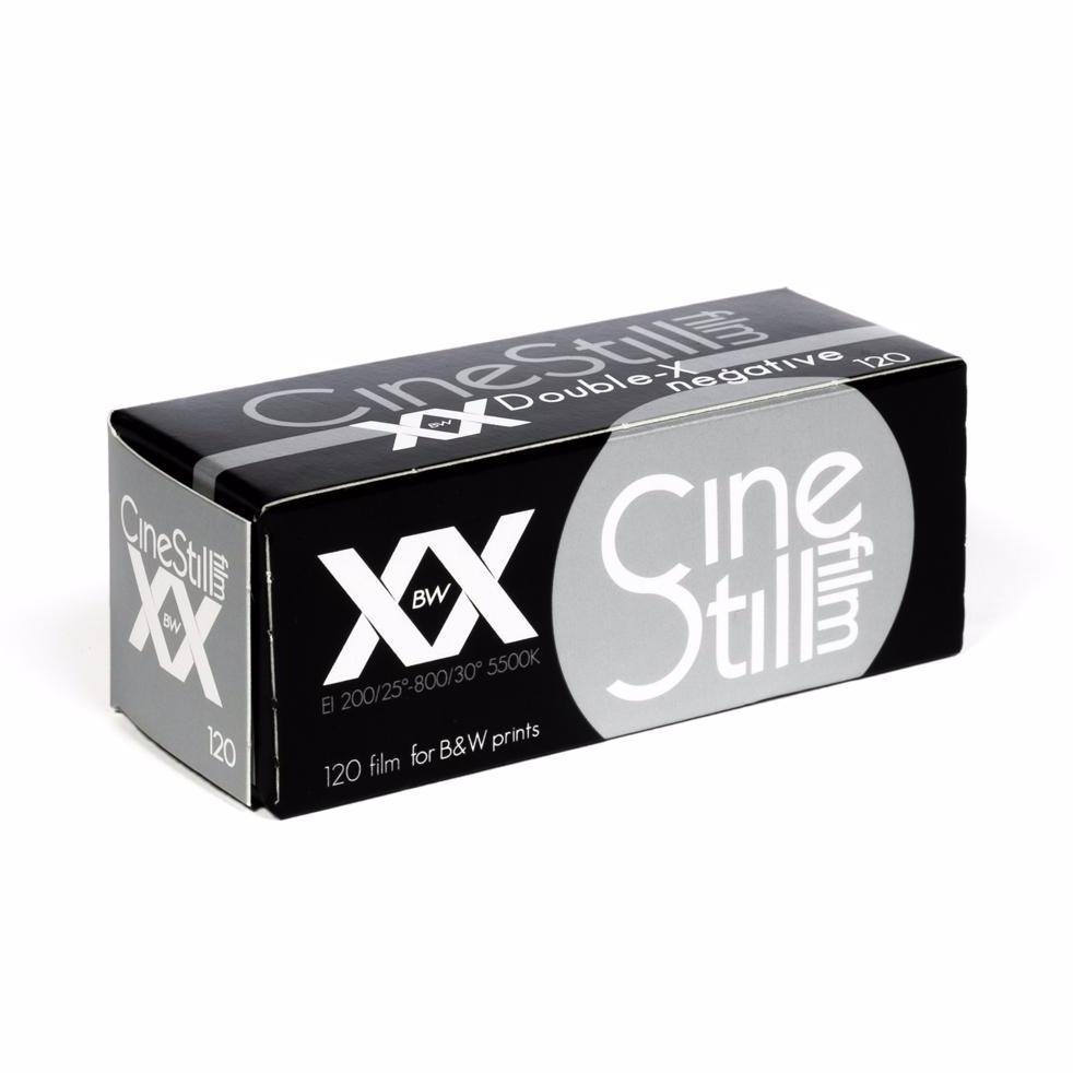 A box of CineStill BwXX 120 black and white negative film.