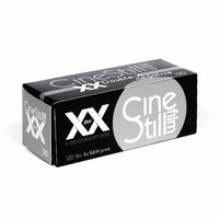 A box of CineStill BwXX 120 black and white negative film.