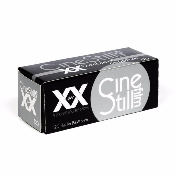 A box of CineStill BwXX 120 black and white negative film.