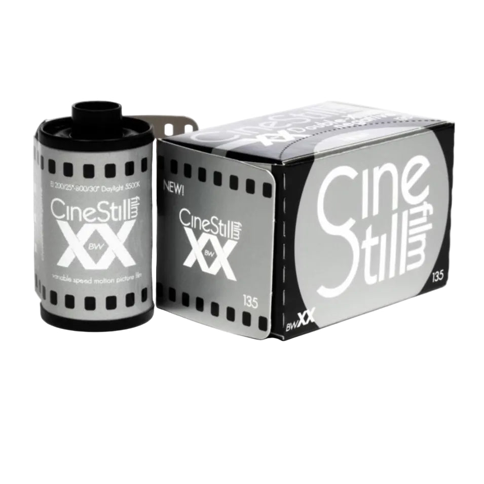 A product image featuring a CineStill BwXX 35mm black and white film roll and its packaging box.