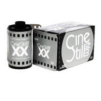 A product image featuring a CineStill BwXX 35mm black and white film roll and its packaging box.