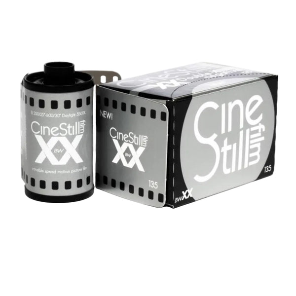 A product image featuring a CineStill BwXX 35mm black and white film roll and its packaging box.