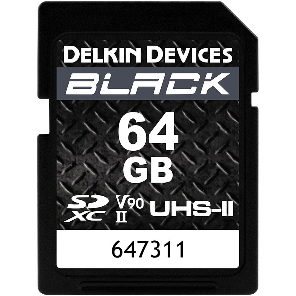 A black Delkin Devices 64 GB SDXC UHS-II v90 memory card with text and branding on the front.