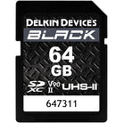A black Delkin Devices 64 GB SDXC UHS-II v90 memory card with text and branding on the front.