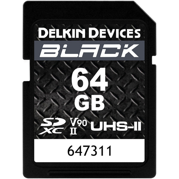 A black Delkin Devices 64 GB SDXC UHS-II v90 memory card with text and branding on the front.