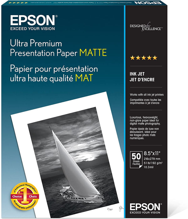Packaging for Epson Ultra Premium Presentation Paper Matte, featuring a picture of a sailboat and indicating the size of 8.5 x 11 inches with 50 sheets per pack.
