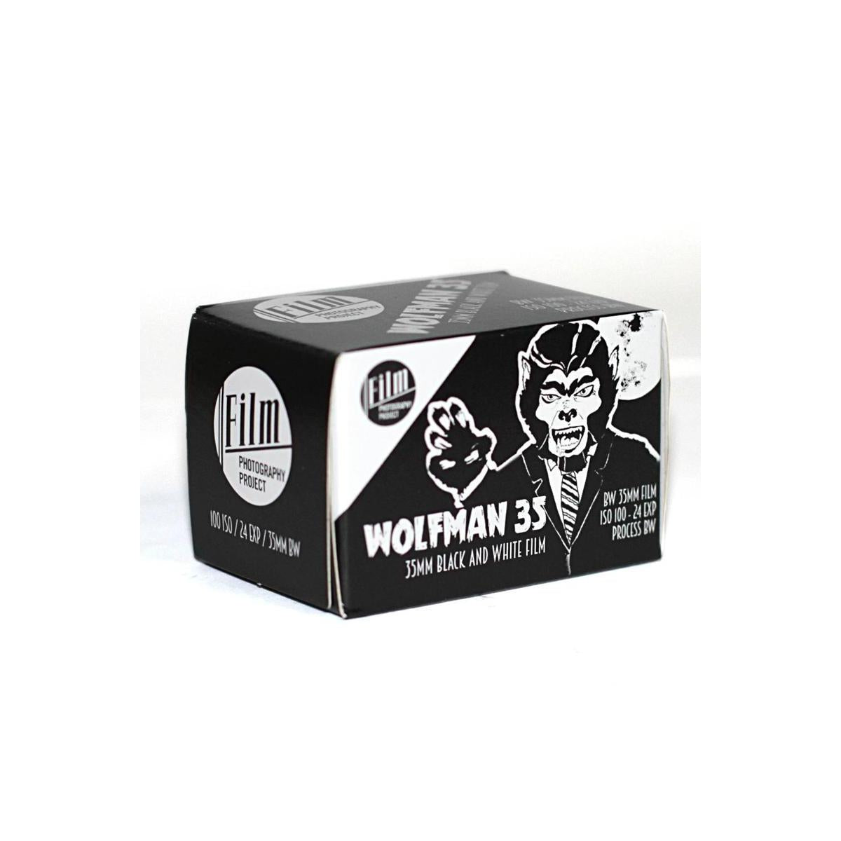 Black and white box of FPP Wolfman 100 ISO 35mm film featuring a werewolf illustration and 24 exposure branding.