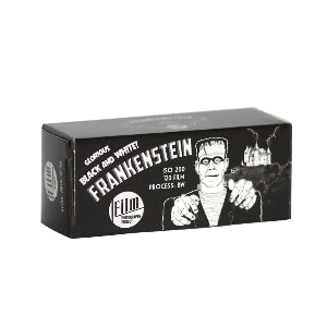 A box of FPP Frankenstein 120 BW film, with a graphic design on the packaging.