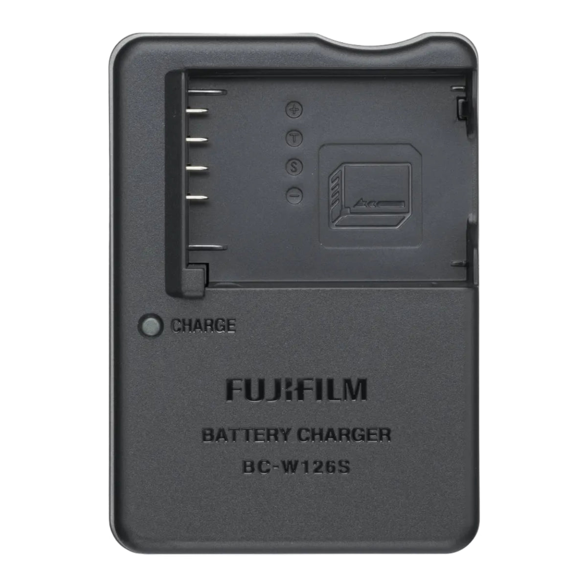 A black FUJIFILM battery charger, model BC-W126S, with various input and output ports.