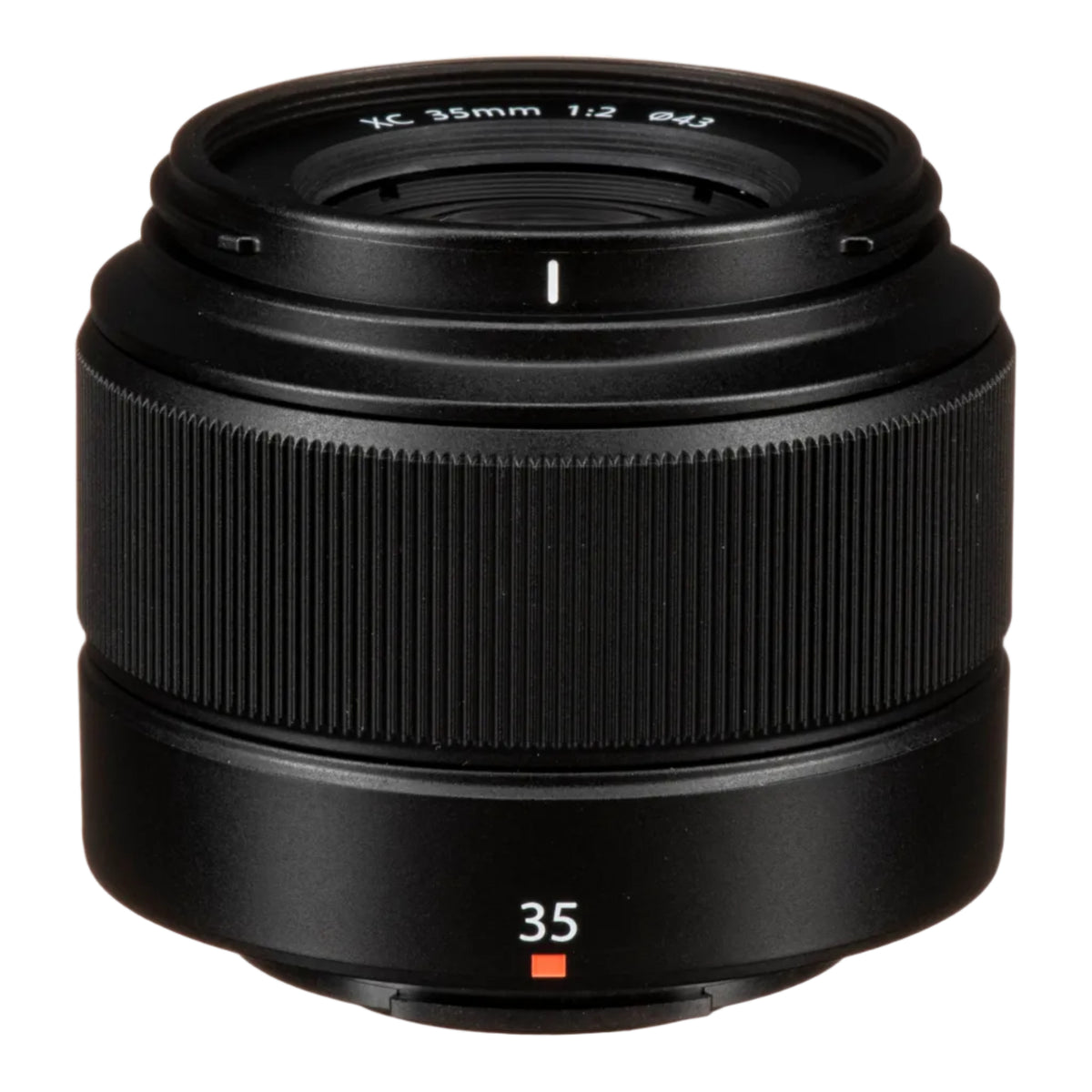 A black FUJIFILM Fujinon XC35mmF2 lens with focus and zoom rings visible.