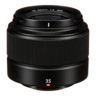 A black FUJIFILM Fujinon XC35mmF2 lens with focus and zoom rings visible.