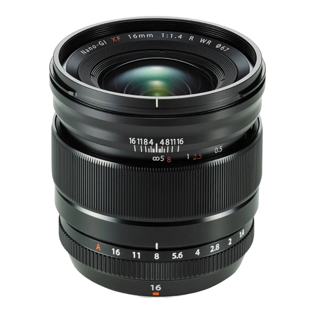 A black FUJIFILM XF 16mm F1.4 R WR lens with focal length markings and a visible autofocus system.