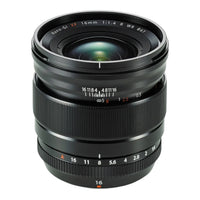 A black FUJIFILM XF 16mm F1.4 R WR lens with focal length markings and a visible autofocus system.