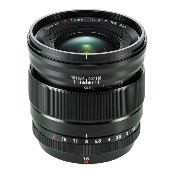 A black FUJIFILM XF 16mm F1.4 R WR lens with focal length markings and a visible autofocus system.