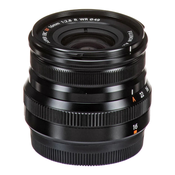 A black FUJIFILM XF 16mm F2.8 R WR lens with a ribbed exterior and a visible focal length marking.