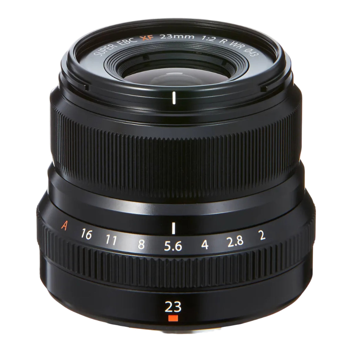 FUJIFILM XF 23mm F2 R WR Lens in black, showing the front view with focal length marking and aperture control rings.