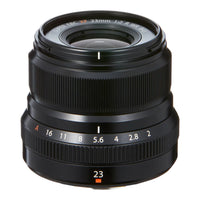 FUJIFILM XF 23mm F2 R WR Lens in black, showing the front view with focal length marking and aperture control rings.