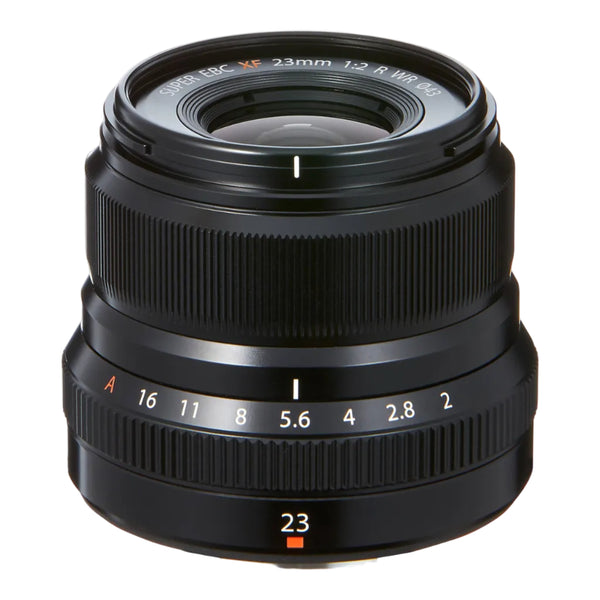 FUJIFILM XF 23mm F2 R WR Lens in black, showing the front view with focal length marking and aperture control rings.