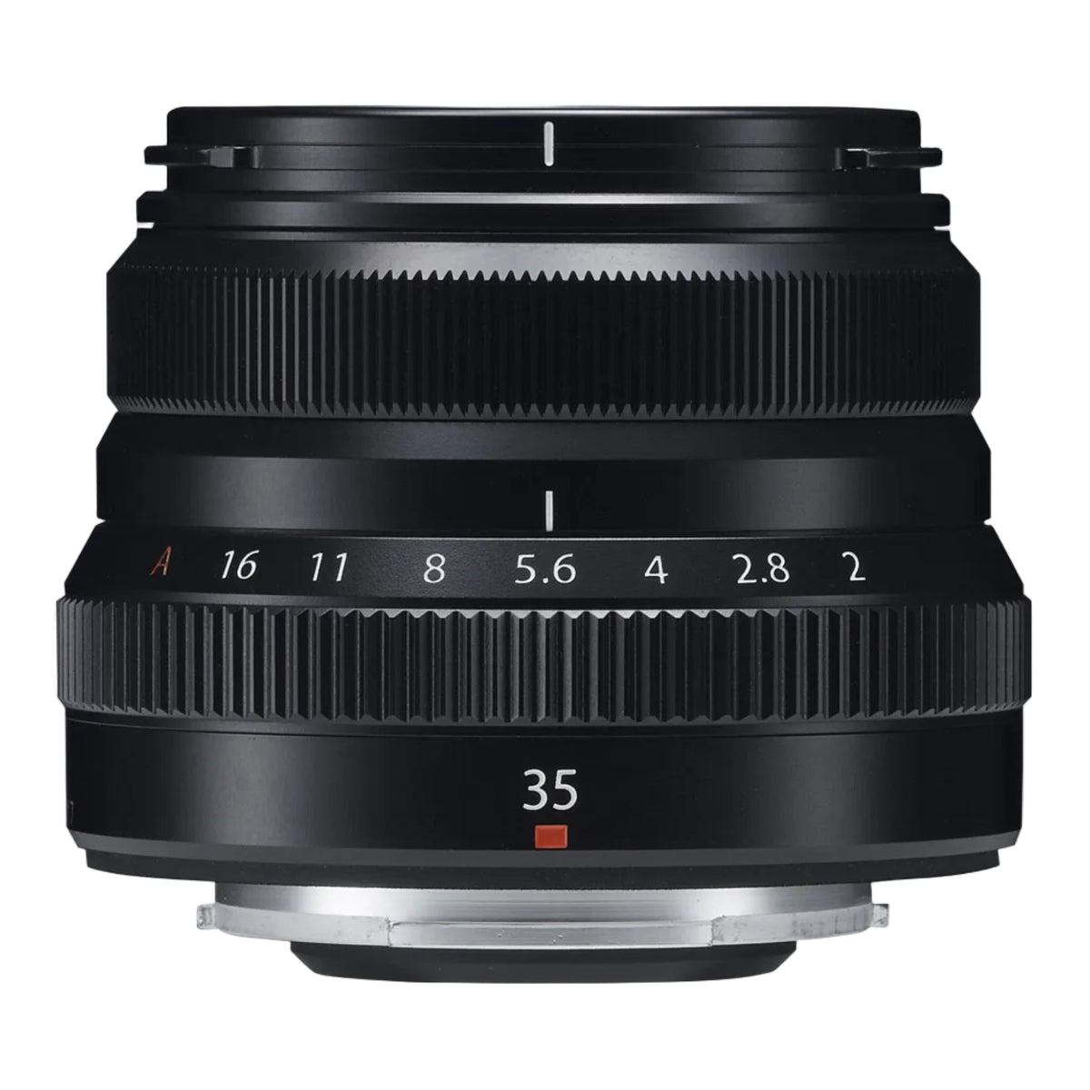 FUJIFILM XF 35mm F2 R WR Lens in black color showing focal length and aperture settings.