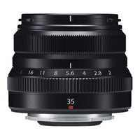 FUJIFILM XF 35mm F2 R WR Lens in black color showing focal length and aperture settings.
