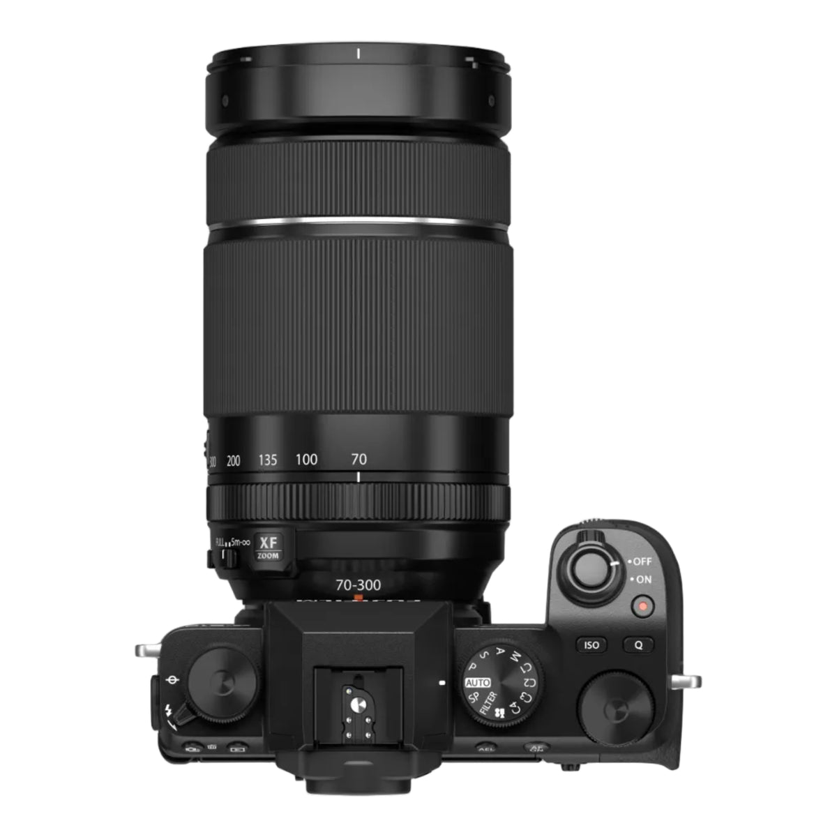 A black FUJIFILM XF 70-300mm F4-5.6 R LM OIS WR lens with focal length markings.