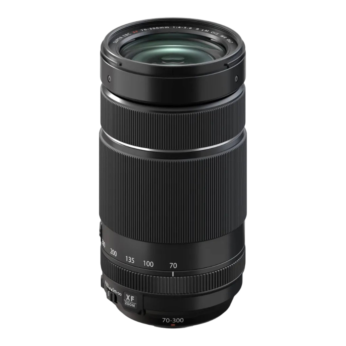A black FUJIFILM XF 70-300mm F4-5.6 R LM OIS WR lens with focal length markings.