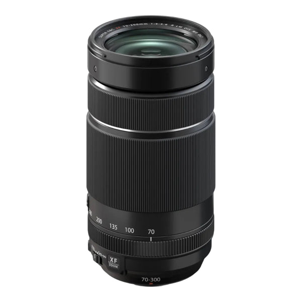 A black FUJIFILM XF 70-300mm F4-5.6 R LM OIS WR lens with focal length markings.