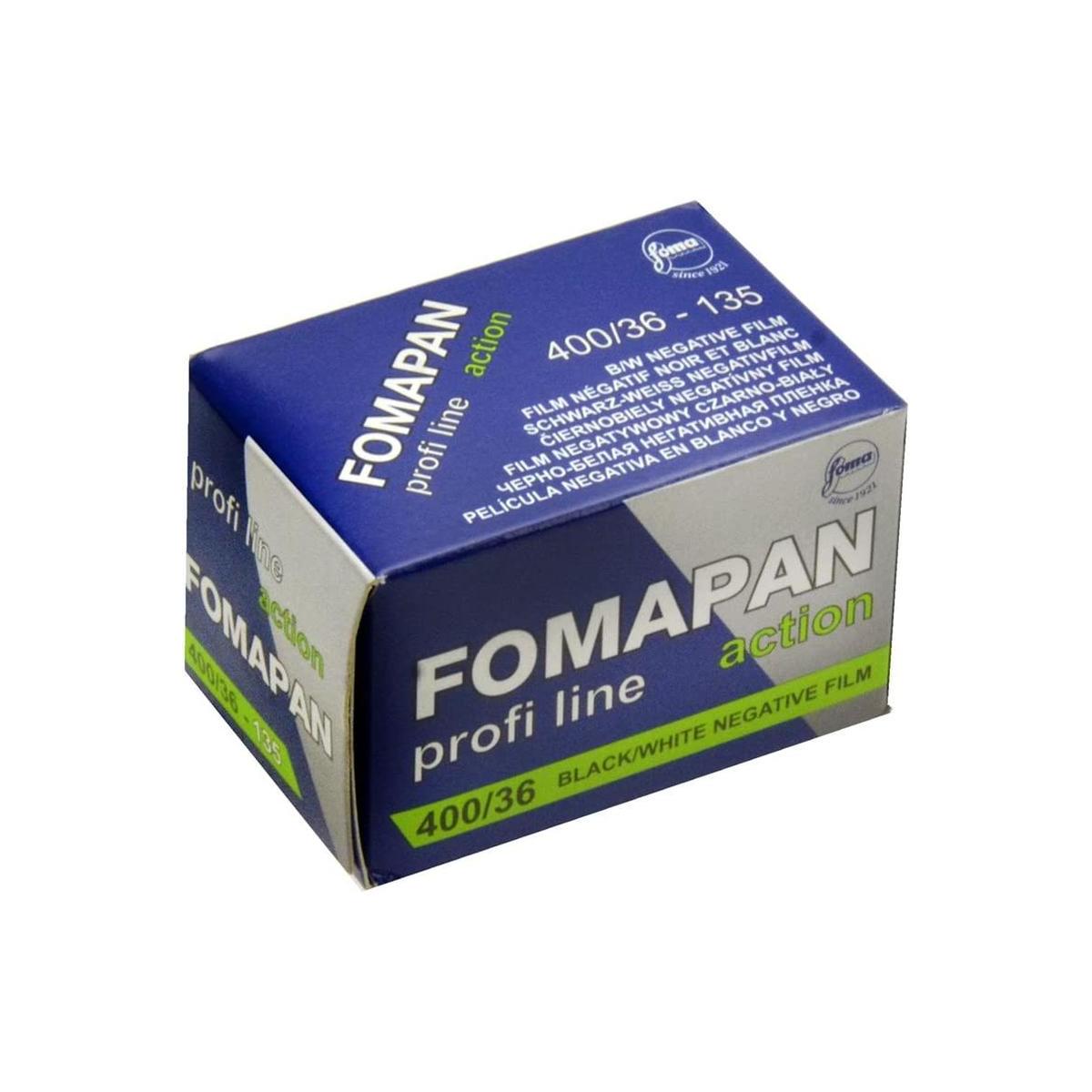 Blue and white cardboard box of Fomapan Action 400 ISO 35mm black and white film with 36 exposures.