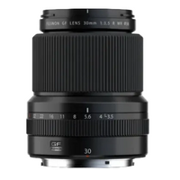 FUJIFILM GF 30mm f/3.5 R WR lens, black in color, with focus and zoom rings visible.