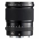 A black FUJIFILM GF 23mm f/4 R LM WR lens with focus and zoom rings visible.