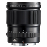 A black FUJIFILM GF 23mm f/4 R LM WR lens with focus and zoom rings visible.