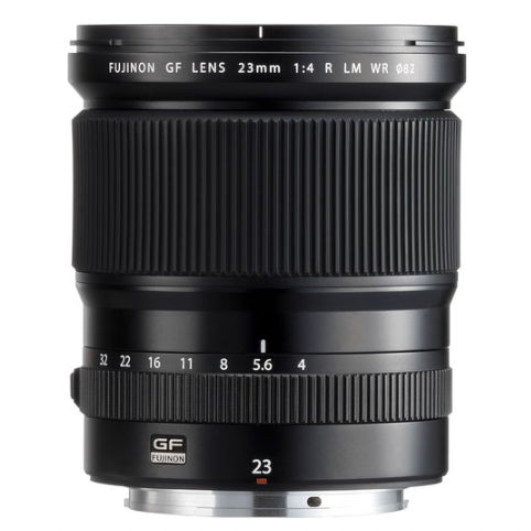 A black FUJIFILM GF 23mm f/4 R LM WR lens with focus and zoom rings visible.