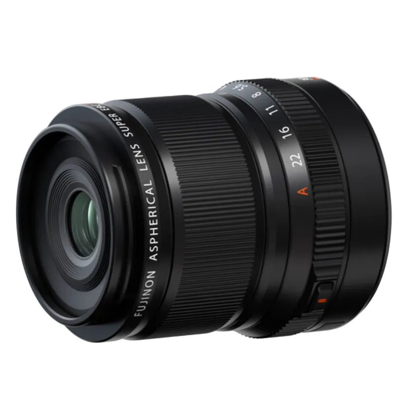 A black Fujifilm XF 30mm f/2.8 R LM WR Macro Lens with focus and aperture controls visible.