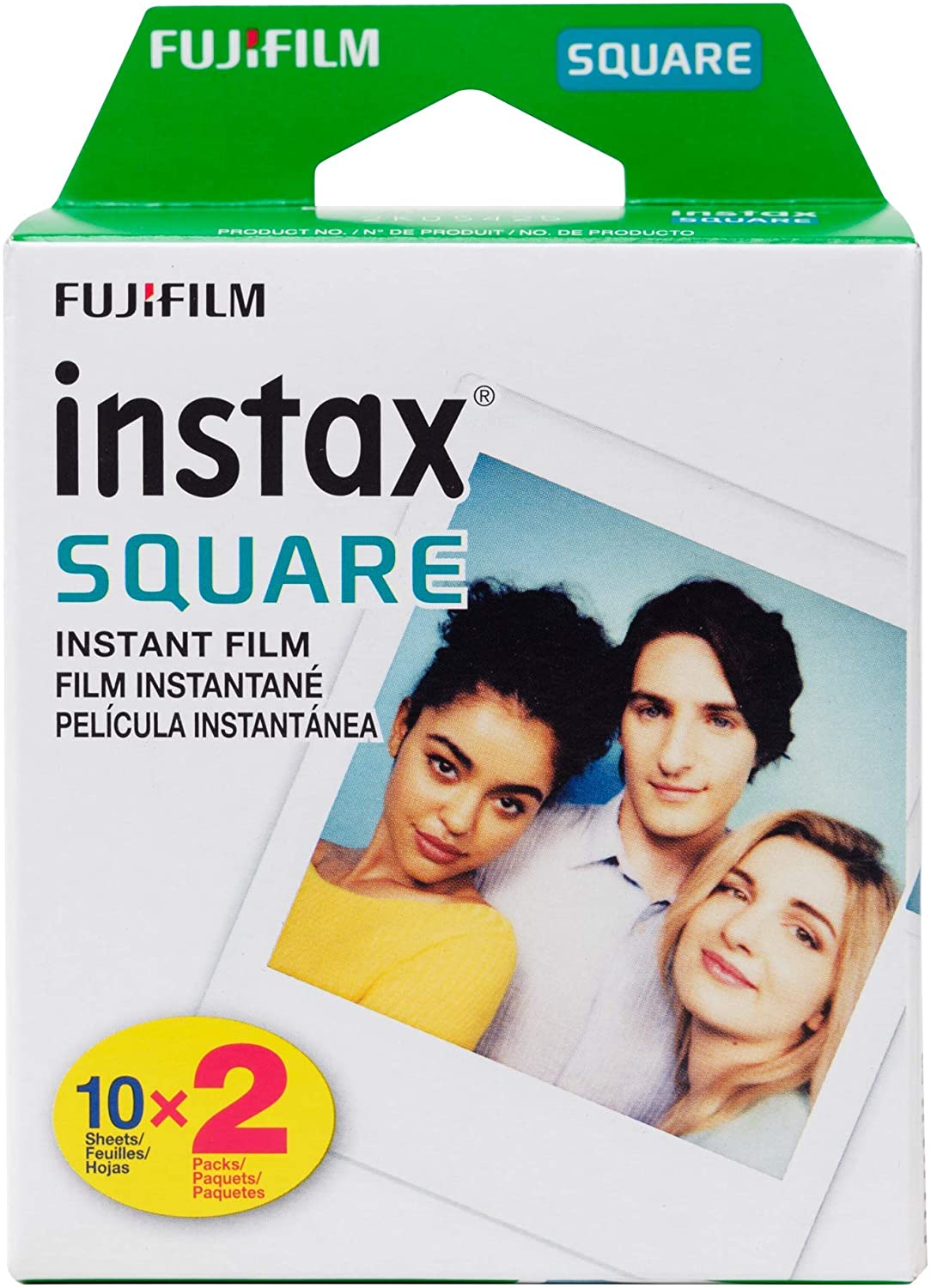 Fujifilm Instax Square instant film twin pack box featuring a 20-sheet capacity and a sample square photo of three people.
