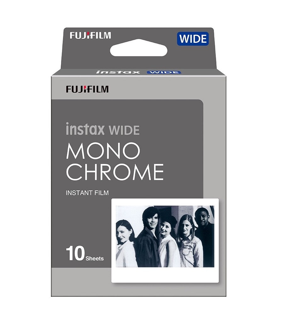 Fujifilm Instax Wide Monochrome instant film box containing 10 sheets of black and white film with a white border.