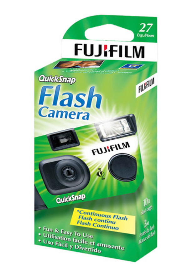 Fujifilm QuickSnap disposable camera in green packaging with 27 exposures and built-in flash.
