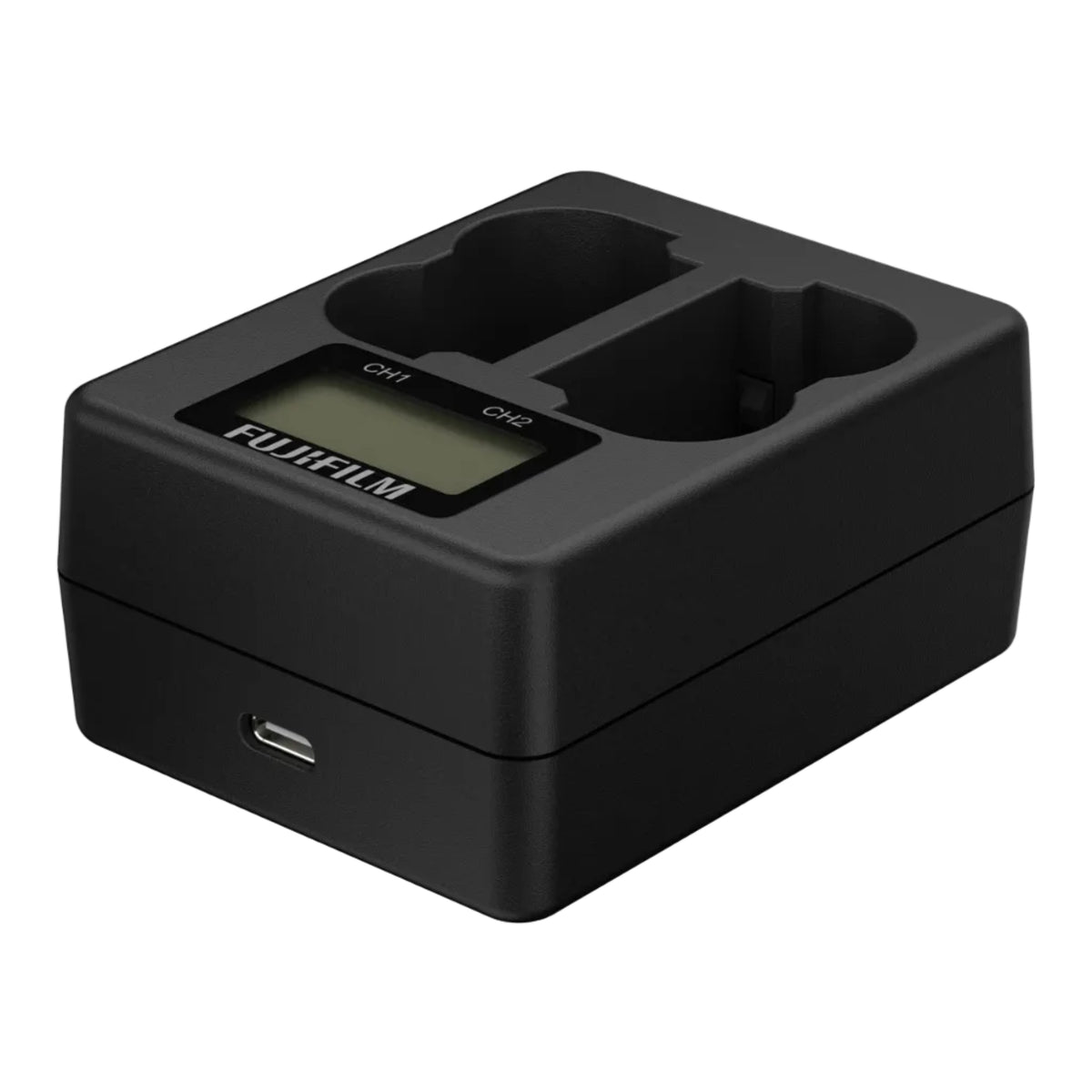 A black FUJIFILM dual battery charger with a digital display showing battery charge levels.