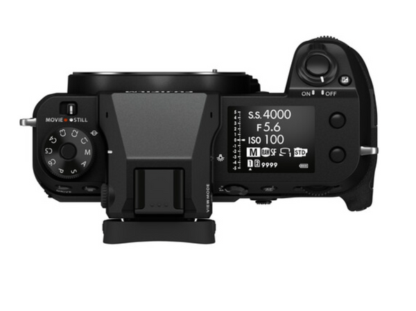 A FUJIFILM GFX 100S Medium Format Mirrorless Camera, predominantly black in color, showing its body and control interface.