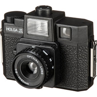 Black Holga 120GCFN medium format film camera with a 60mm glass lens, built-in flash, and textured plastic body.